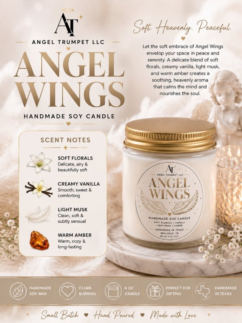 ANGEL WINGS Handmade Soy Candle | 4 oz Luxury Candle | Angel Trumpet LLC